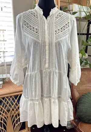 Anthropologie Vicenza Ivory Lace Swiss Dot Cotton Boho Hippie Tunic Mini Dress thumbnail 1