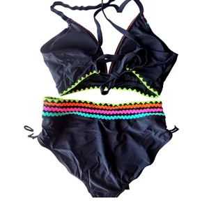 NWT Popvil Black/Neon Scallop Trim High Waisted Tie Side Bikini Set Large thumbnail 7