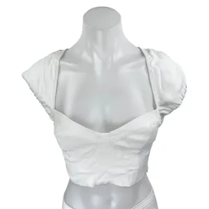 Aritzia Wilfred White Short Puff Sleeve Corset Bandeau Smocked Crop Top Size 2XS thumbnail 1