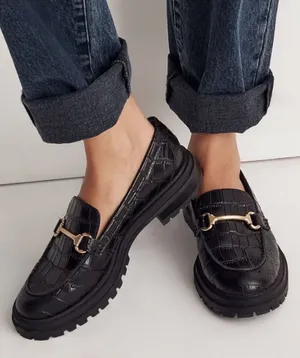 Madewell Bradley Size 7 Lugsole Loafer Croc Embossed Black Gold Horse bit thumbnail 1