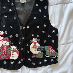 Vintage Christmas Vest Black Velvet Snowman Plaid Snowflake Medium Holiday 90s thumbnail 3