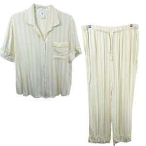 Martha Stewart Large Pajama Set Yellow White‎ Striped Rayon Short Sleeve 497 thumbnail 1