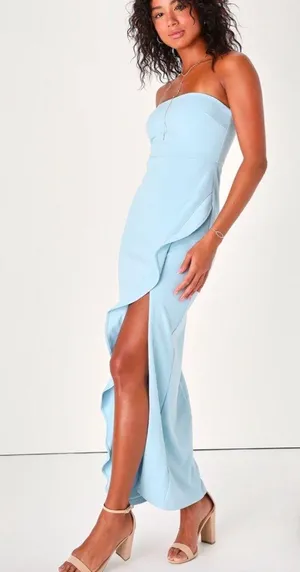 Lulus Light Blue Strapless Ruffled Maxi Dress thumbnail 1