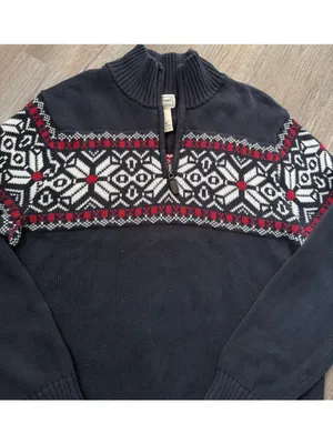 VTG L.L. Bean Cotton Quarter Zip Sweater Red White Navy Fair Isle Cottage Size M thumbnail 4