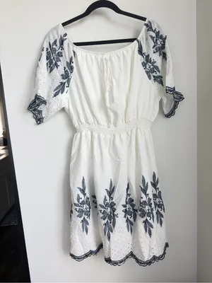 Anthropology Kindred White Embroidered Mini Dress with Navy Floral Accents thumbnail 7