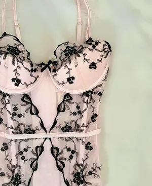 Victoria's Secret Baby pink coquette ballerina corset top with black floral and bow embroidery and ruffle details thumbnail 2