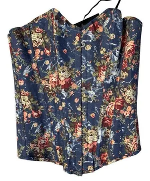 ALIVILA Y Fashion Corset Denim Floral Lace Up Back Strapless Bustier Size Medium thumbnail 1