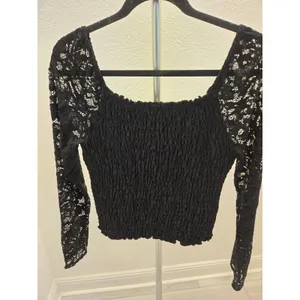 ​Crave Fame Y2K Black Smocked Lace Long Sleeve Notched Neck Boho Top Size XL thumbnail 4