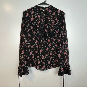 Rebecca Minkoff Devy Black/Pink Floral Ruffle Bell Sleeve Blouse Size Small thumbnail 4