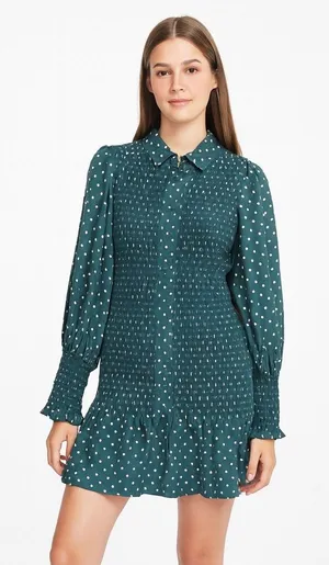 ASOS Smocked Polka Dot‎ Green Mini Dress Long Sleeves Collared Button Size 4 thumbnail 1