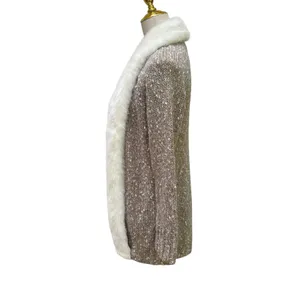 Donna Salyers Fabulous-Furs Cardigan S Tan Cream Faux Fur Trim Mob Wife Textures thumbnail 3