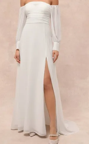NEW Lulus Lux Bridal Adorna White Off-the-Shoulder Semi-Sheer Chiffon Maxi Dress thumbnail 1