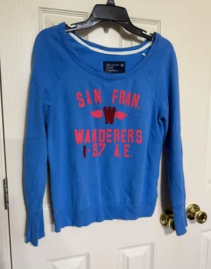 American Eagle San Fran Wanderers Blue‎ Graphic Raglan Sweatshirt Y2K Medium thumbnail 1