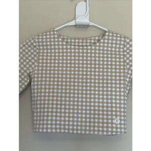 Astoria Activewear Beige Tan Gingham Check Long Sleeve Workout Gym Crop Top S thumbnail 4