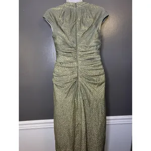 Maggy London Dress Womens 4 Gold Metallic Chevron Ruched V Neck Sheath Midi thumbnail 6