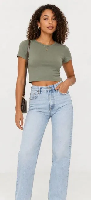 Zara Olive Green Faded Wash Cropped Baby Tee Women’s Large thumbnail 1