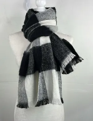 SCARF Chunky Warm Cozy large block plaid rectangular scarf black and white thumbnail 1