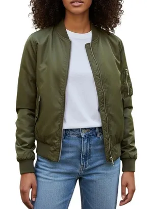 Joujou Bomber Jacket‎ Women Large Olive Green Faux Fur Lined Full Zip Utility thumbnail 1
