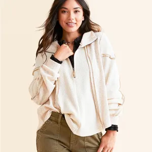 BKE Women’s Waffle Knit Quarter Zip Hoodie Small Cream Hooded Pullover thumbnail 15
