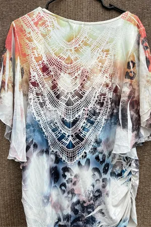 Espresso Tunic Leopard Lace Print top shirt women’s Sz L white crochet lace V-ov thumbnail 7