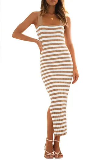 Chic Beige and White Striped Midi Dress thumbnail 1