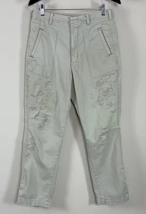 Pilcro Hyphen Patchwork Distressed Barrel‎ Chino Pants in Muted Khaki Sz 28 Tall thumbnail 1