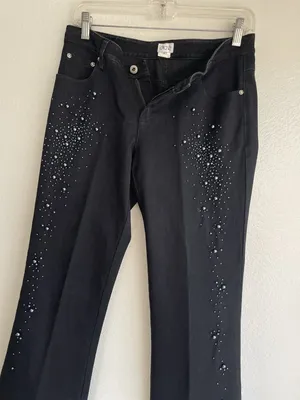 Cache Embellished Flare Jeans Size 4 Y2K Faux Pearl Beaded Black Denim Pants thumbnail 11