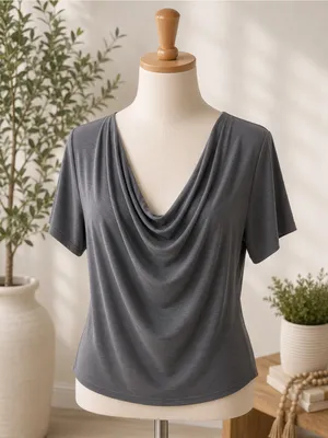 Green‎ Envelope Draped V-Neck Short Sleeve Top - Charcoal Gray thumbnail 2