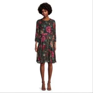 Maison Tara Dark Floral Pleated Sleeve Chiffon Fit Flare Dress Black Multi 10‎ thumbnail 2