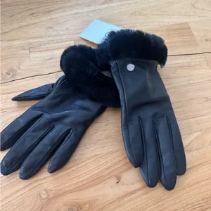 UGG Black Leather Fur-Trimmed Gloves thumbnail 1
