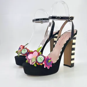 Betsey Johnson Carra Platform Heels Size 9 Black Floral Striped Cocktail Sandals thumbnail 3