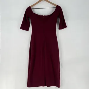 Lulus Burgundy Stretch Crepe‎ Off The Shoulder 3/4 Sleeve Faux Wrap Midi Dress thumbnail 9