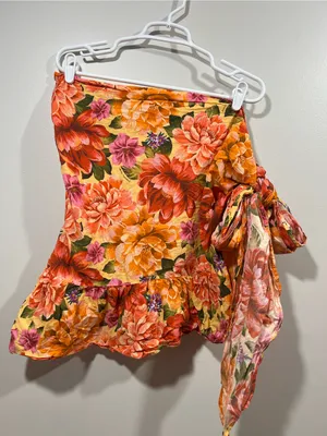 FARM Rio Lia Pink Orange Yellow Floral Ruffled Swim Coverup Skirt Small thumbnail 2