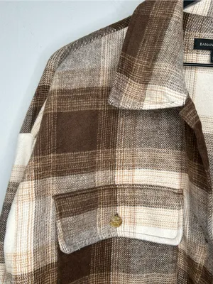 Banana Republic Brown Beige Plaid Wool Blend Shirt Jacket Size L thumbnail 6