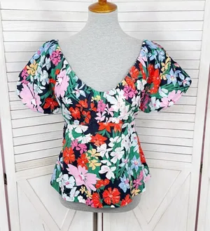 Old Navy Floral Puff Sleeve Peplum Flared Hem V‎ Neck Top Shirt Blue Multi Small thumbnail 1