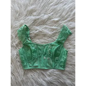 Victoria’s Secret Boho Floral Embroidery Cap Sleeve Corset Top Clueless Green M thumbnail 2