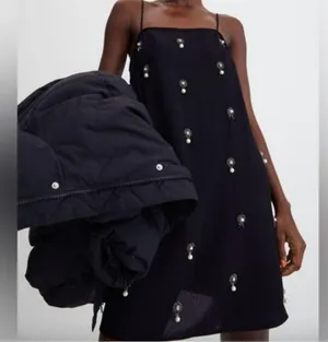 H&M Appliquéd Holiday Party Slip Dress Pearl Rhinestones Embellished Black Sz S thumbnail 1