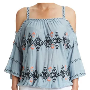Free People Blue New World Embroidered Bohemian Cold Shoulder Peasant Top Size M thumbnail 2