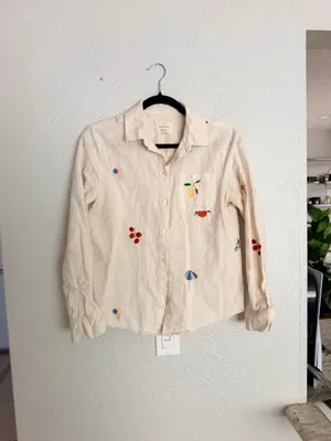 Sézane x Pangea Tomboy Shirt Fruit Floral Embroidered Ecru Linen Button down thumbnail 6