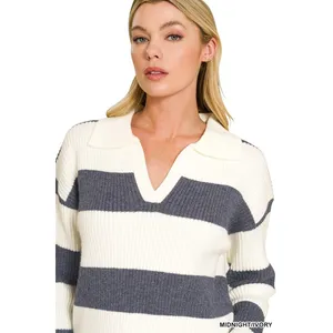 Zenana Striped Collared Sweater - Midnight/Ivory - Medium thumbnail 4
