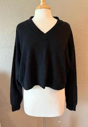 Gap Black V Neck Cropped Sweatshirt Small Oversized Boxy Pullover thumbnail 1