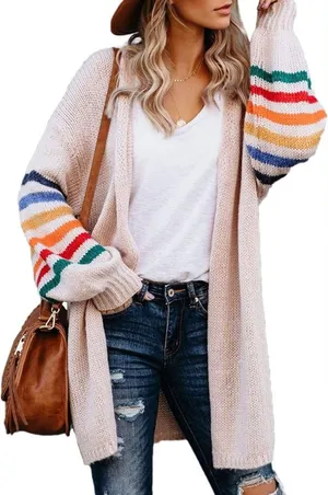 Open-Front Cream Cardigan with Multicolor Striped Sleeves thumbnail 1