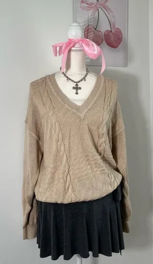 Vintage‎ Italian Beige Cream Cable Knit V Neck Sweater Womens Large thumbnail 1