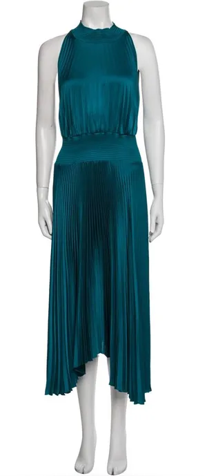 ALC Frank Renzo maxi dress Sleeveless Smocked Pleated teal satin high neck wedding thumbnail 1