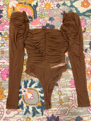 House Of CB Emme Mocha Ruched Chiffon Puff Sleeve Bodysuit Top Size Large thumbnail 11