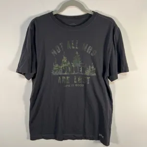 Life is Good Not All Who Wander Are Lost Camo Tree Graphic T-Shirt Gray‎ M thumbnail 1