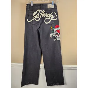 Ed Hardy Womens Black Embroidered Love Kills‎ Slowly Wide Leg Flare Jeans 26 thumbnail 2