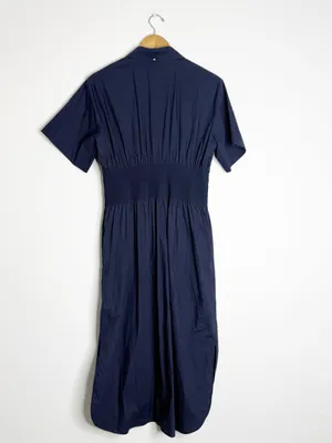 Sportmax Navy Midi Shirt Dress Size 10 Smocked Waist Button Front Pockets thumbnail 3
