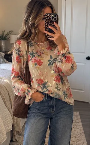 LOFT Floral Metallic Shimmer Ruffle Cuff Blouse Cream Pink M thumbnail 1