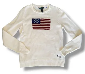 VTG Lauren Ralph Lauren American Flag Cotton Knit Sweater Cream Women Medium Y2K thumbnail 1